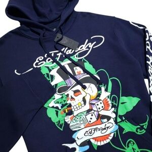Ed Hardy Men's Skull Fleece Small Blue Drawstring Pullover Hoodie